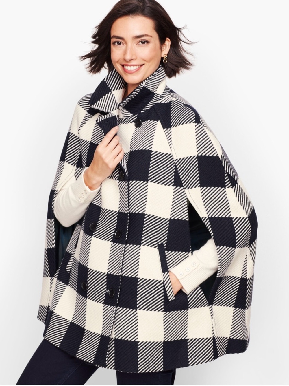 Talbots Plaid Wool-Blend Cape - navy blue & Creamy